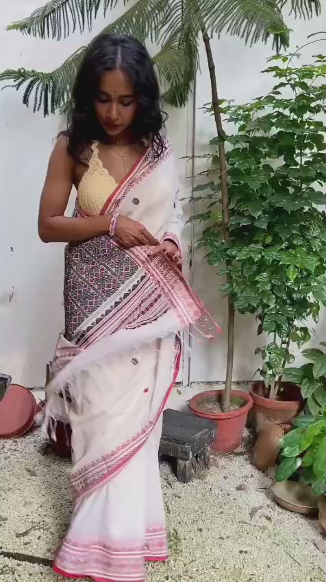 White, Red and Black Cotton Sari