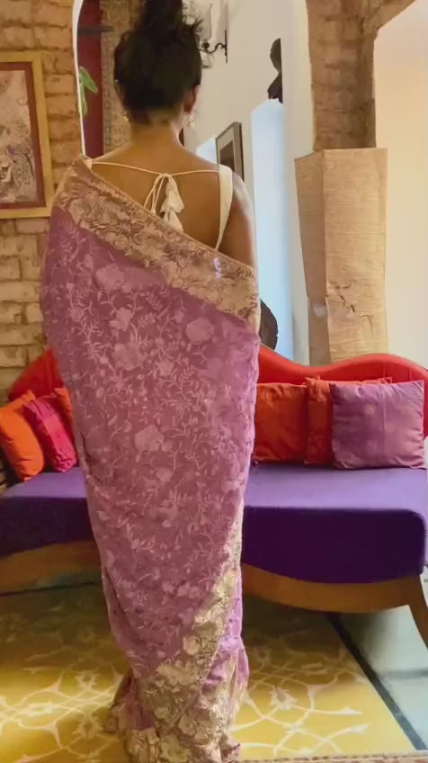 Mauve Embroidered Georgette Sari