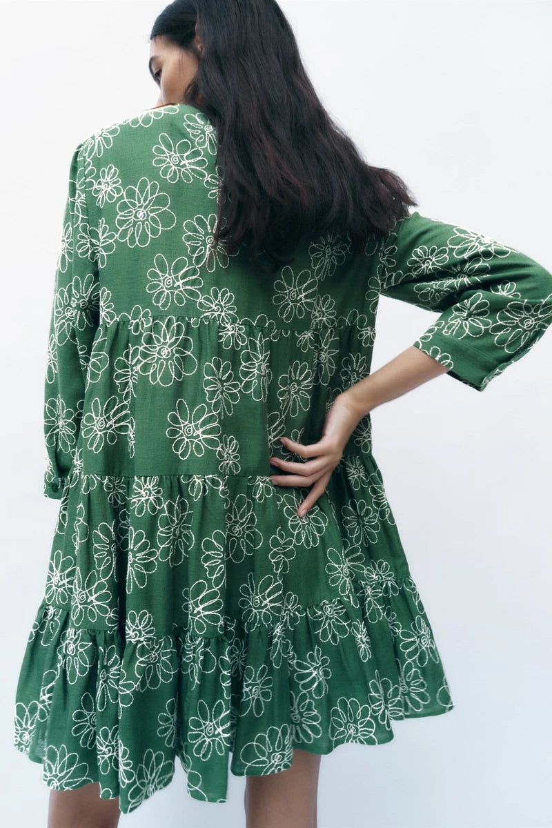 ZARA - Green Floral Embroidered Dress