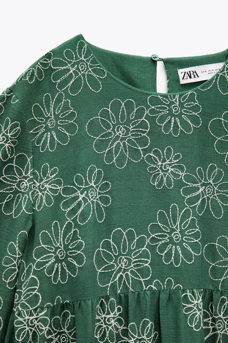 ZARA - Green Floral Embroidered Dress