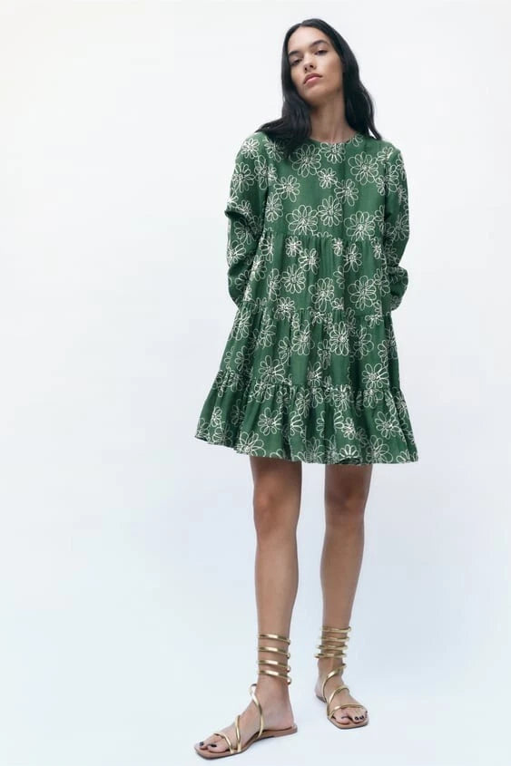 ZARA - Green Floral Embroidered Dress