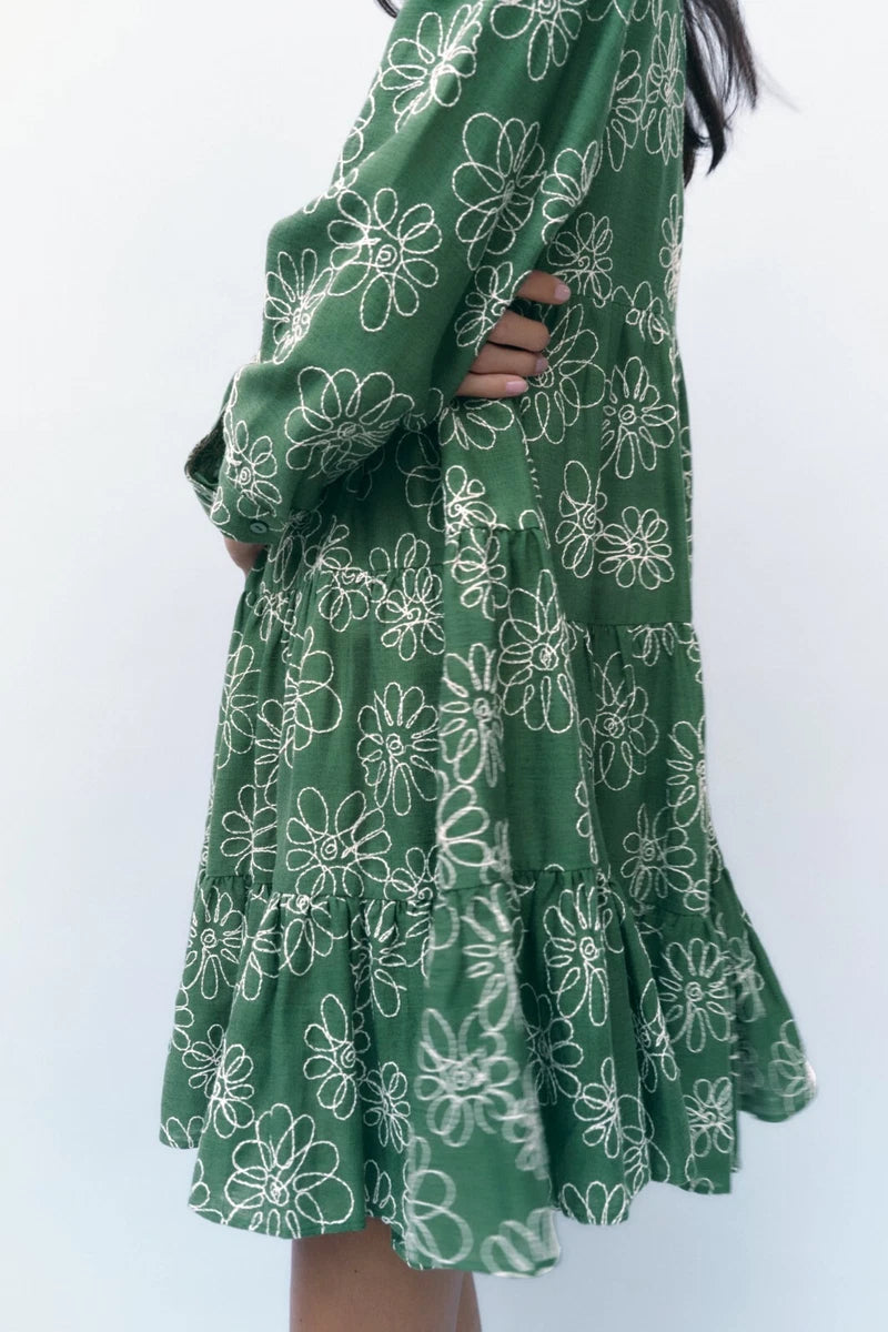 ZARA - Green Floral Embroidered Dress