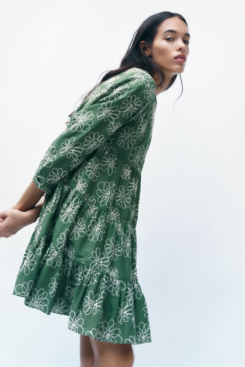 ZARA - Green Floral Embroidered Dress
