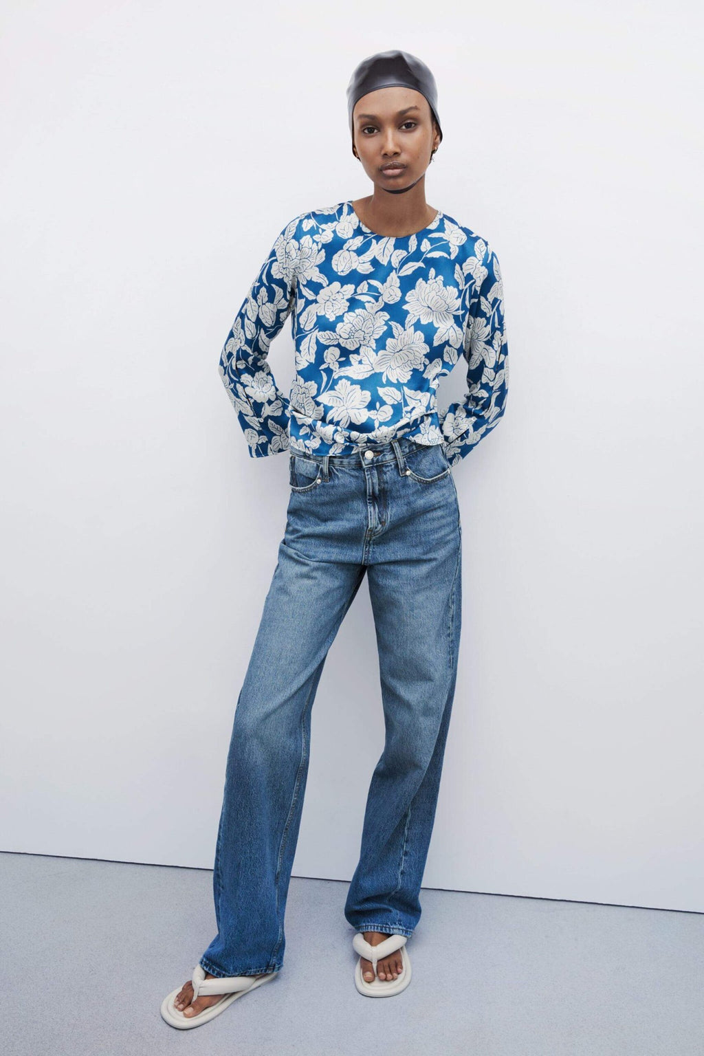 ZARA- Blue and White Printed Satin Blouse