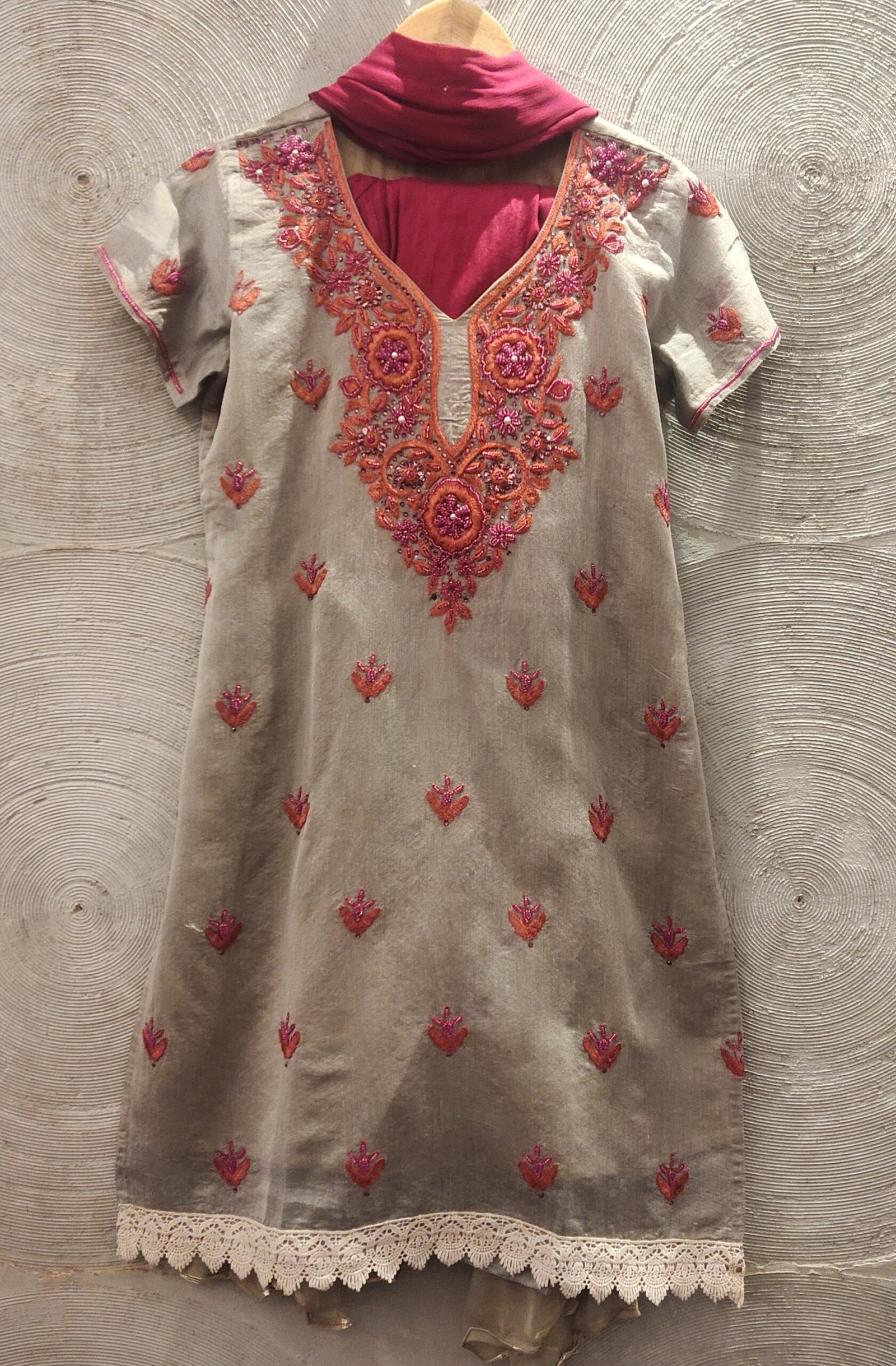 Grey cotton silk embroidered salwar kurta set - Love Me Twice